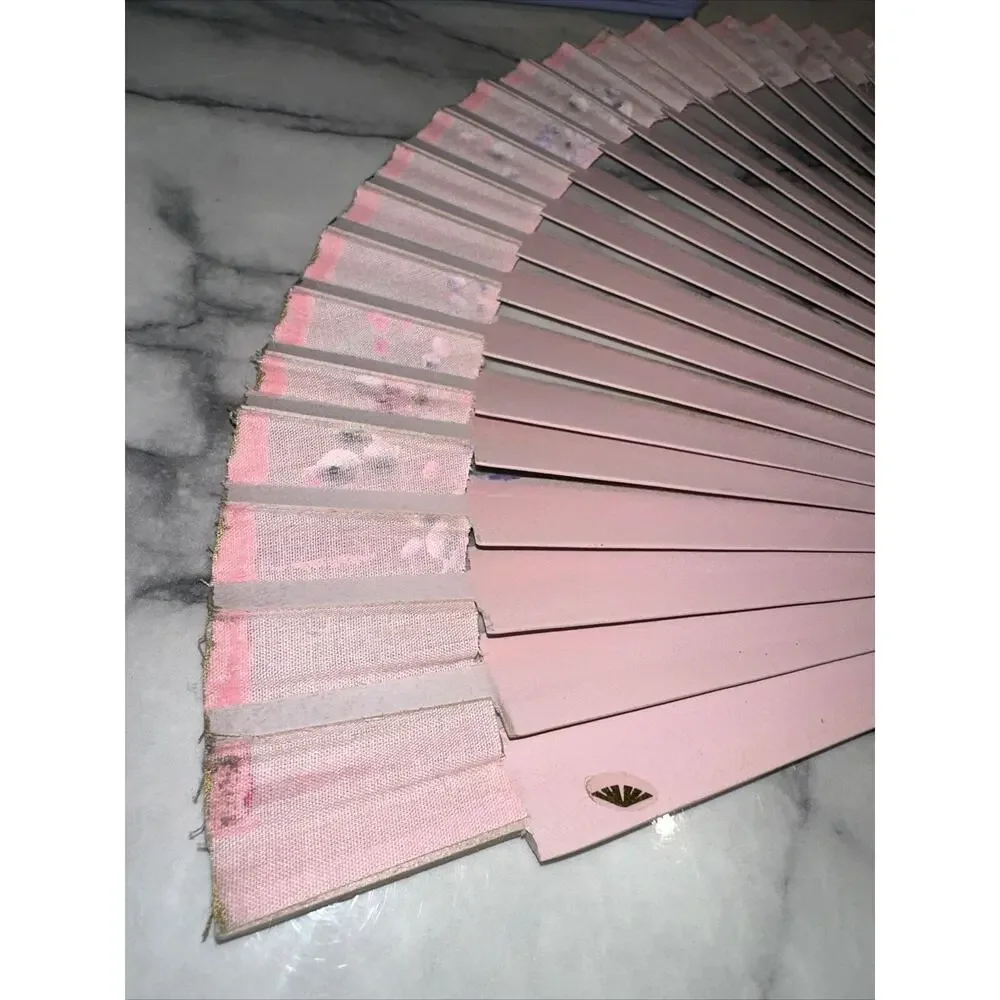 2 Vintage‎ Handpainted Wooden Foldable Hand Fans Pink Purple Flowers 17x9 Asian